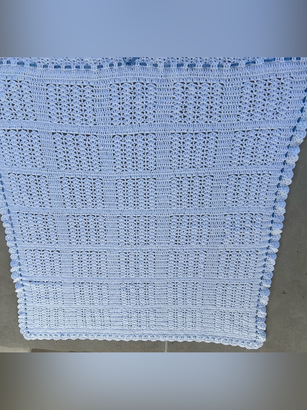Vintage Style Crochet White Baby Blanket Blue Satin Ribbon Edging 38.5x 42
